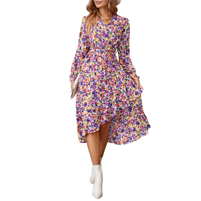 فستان نسائي صيفي بوهو ماكسي مزين بالزهور وأكمام طويلة ورقبة على شكل V وكشكش على شكل حرف a فساتين طويلة لحفلات الزفاف