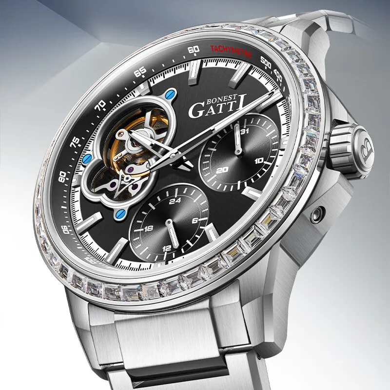 BONEST GATTI Men Automatic Watch 42mm Mechanical Wristwatch Sapphire Glass Luminous Crystal Bezel 24 Hours Skeleton Dial