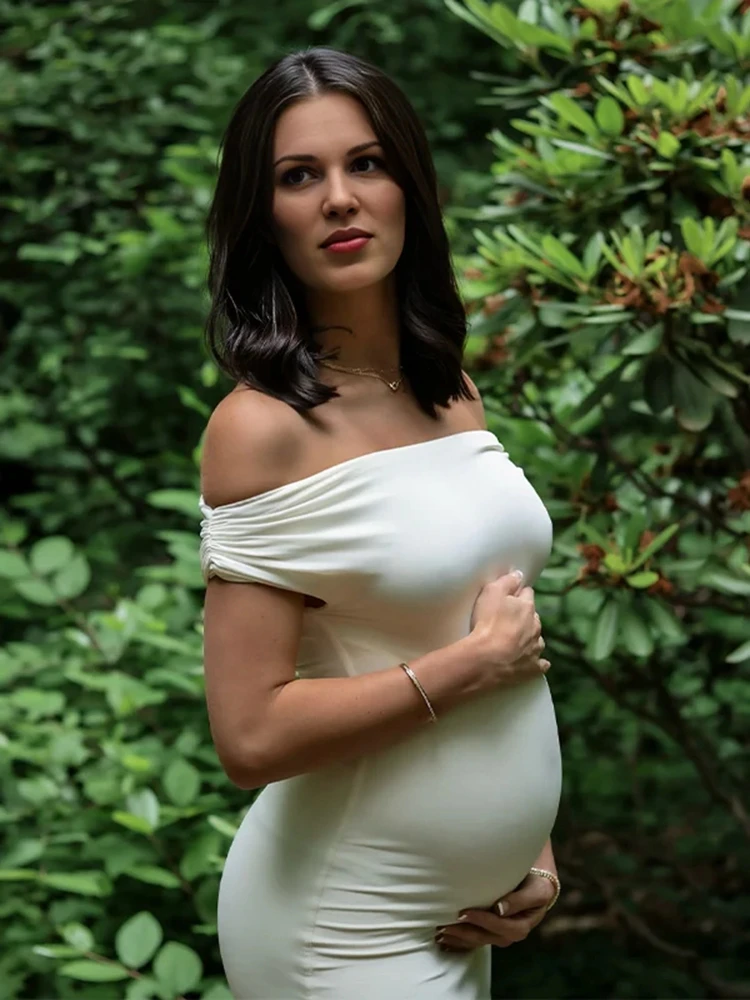 فساتين الأمومة لالتقاط الصور باللون الأبيض بدون أكتاف، فستان ماكسي للحمل بقصة ضيقة، فستان طويل أنيق للتصوير الفوتوغرافي في استحمام الطفل