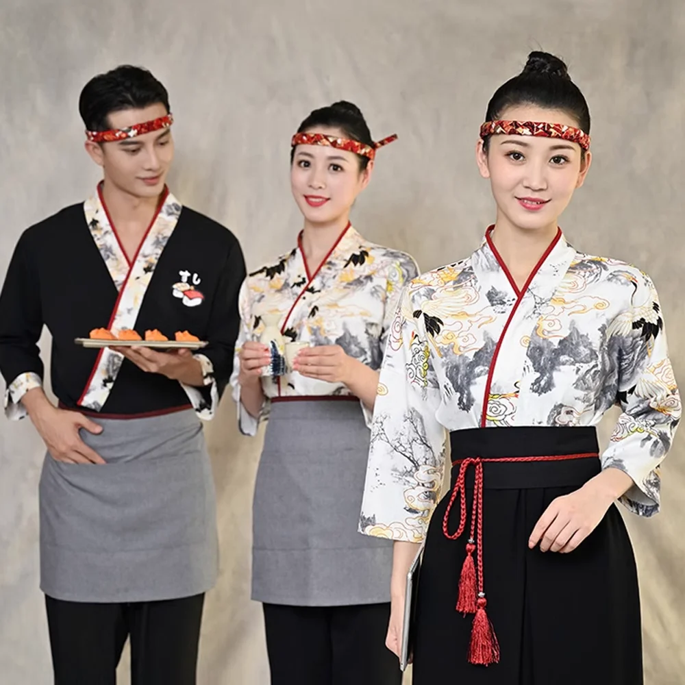 

Men Women Japanese Kimono Izakaya Chef Jackets Apron Print Crane Kitchen Sushi Food Cooking Tops Shirt Restaurant Waiter Uniform