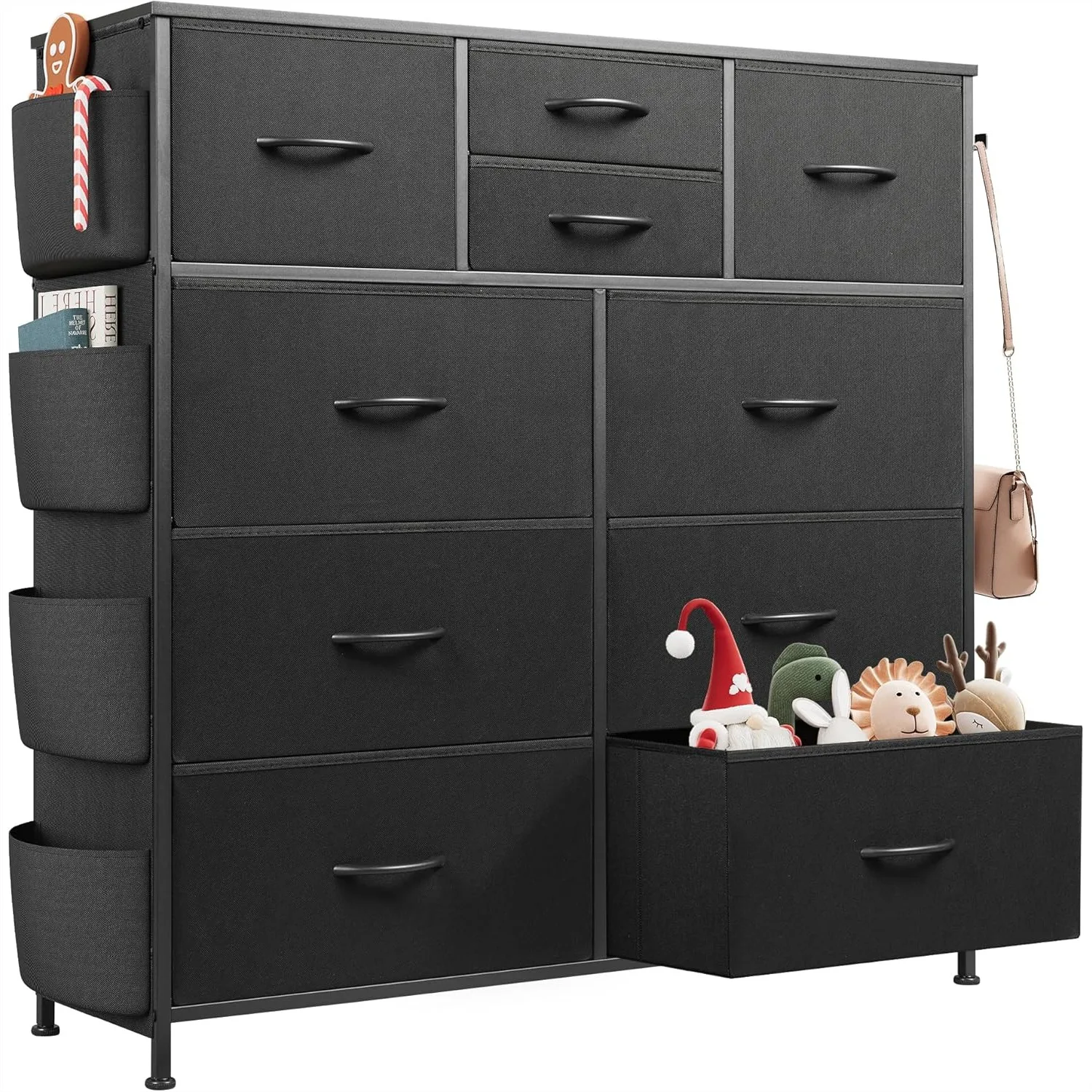 

10-Drawer Dresser for Bedroom with Side Pockets & Hooks, Fabric Chest of Drawers, Sturdy Metal Frame, Storage Organizer for