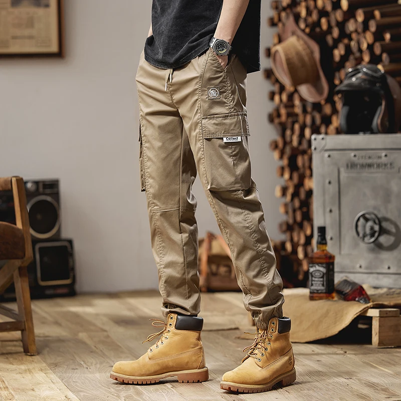 

Tactical Khaki Cargo Pants Men Summer Fashion Multiple Pockets Slim Fit Elastic Waist Joggers Trousers