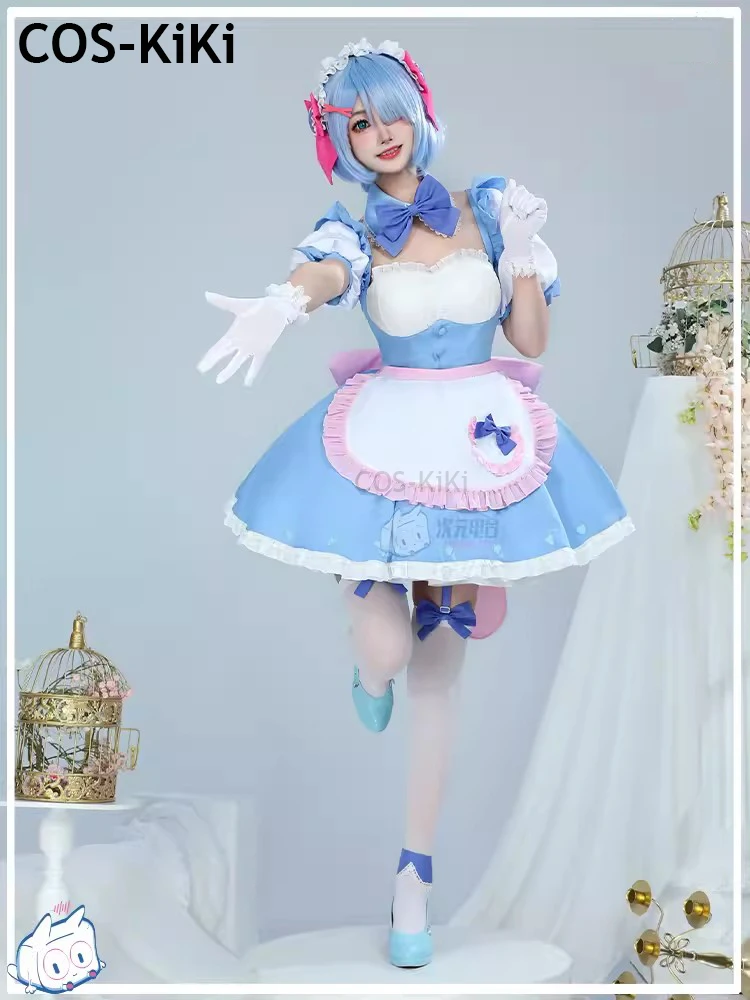 COS-KiKi Anime Re:Life In A Different World From Zero Rem Lovely Maid Dress Cosplay Costume Halloween Party Role Play Outfit