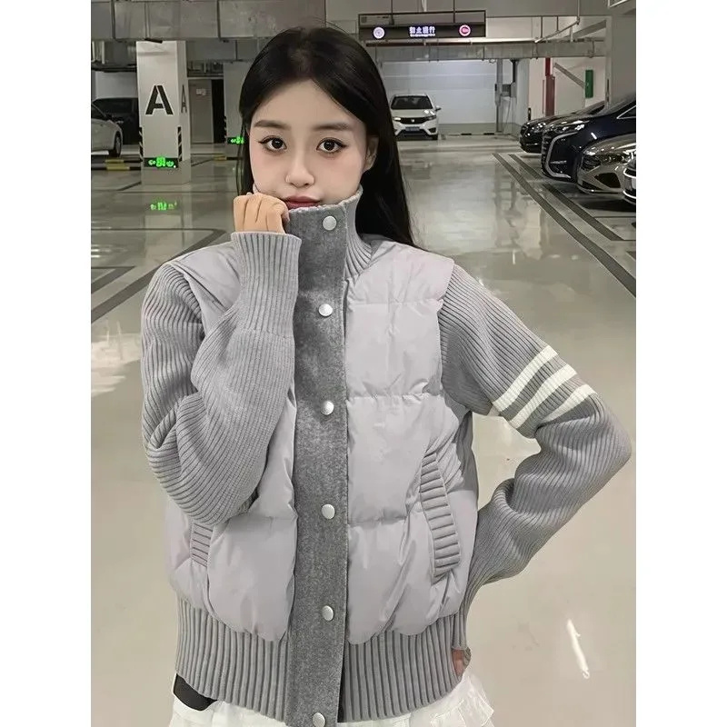 Little Women's Wear Knitted Stitching Coat Down Cotton-padded Short Female 2025 Winter Casual Jacket Loose Collar Thick Overwear - Image 4