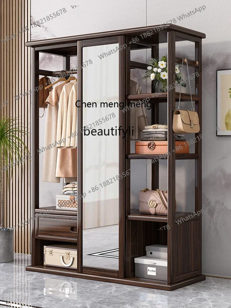 Hot sales  Ebony solid wood floor coat rack full-length mirror mobile multi-function mirror hanging hanger