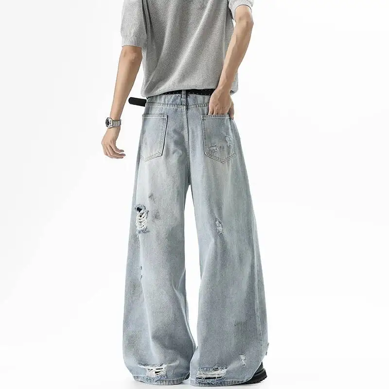MWJLPWQ High Street Distressed Loose Ripped Jeans Men American Style Versatile Casual Straight Leg Pant 2026 Summer Autumn 17266