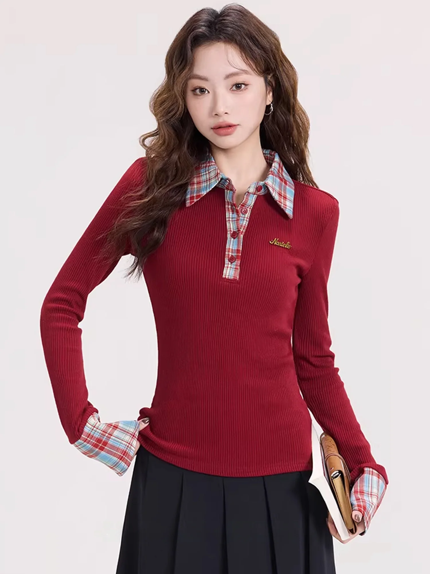 

Red Ne Knitted Sweater Fake Two-Piece Women's Faion Autumn Winter New Year's War Top Quali Soft Medium Fabric