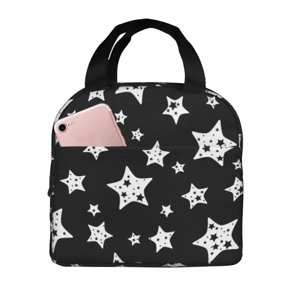 

Lunch Bags for Women Kids Black And White Insulated Cooler Bag Portable Work Stars Oxford Tote Handbags