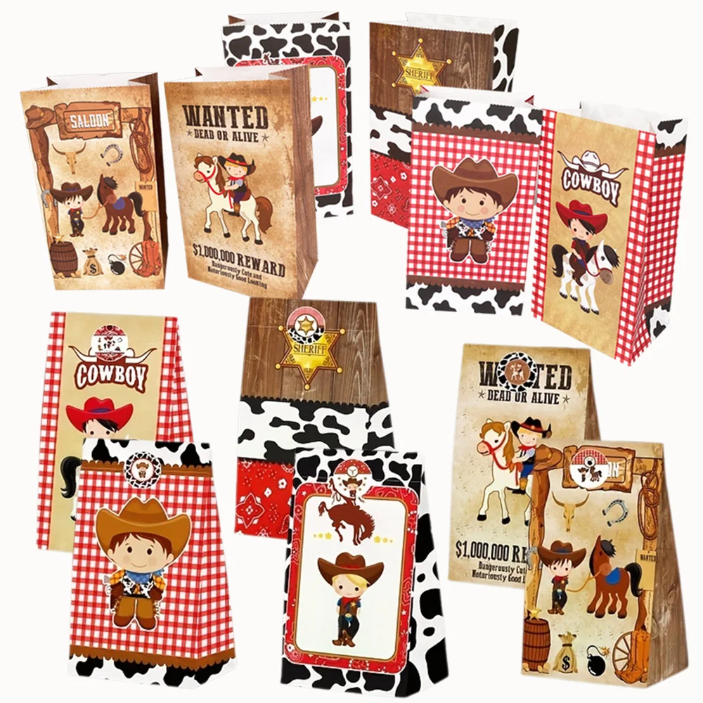 

12 pcs Cowboy Party Favor Bags for Kids Western Theme Party Supplies Horse Racing Farm Birthday Decorations Goodies Gifts Bags