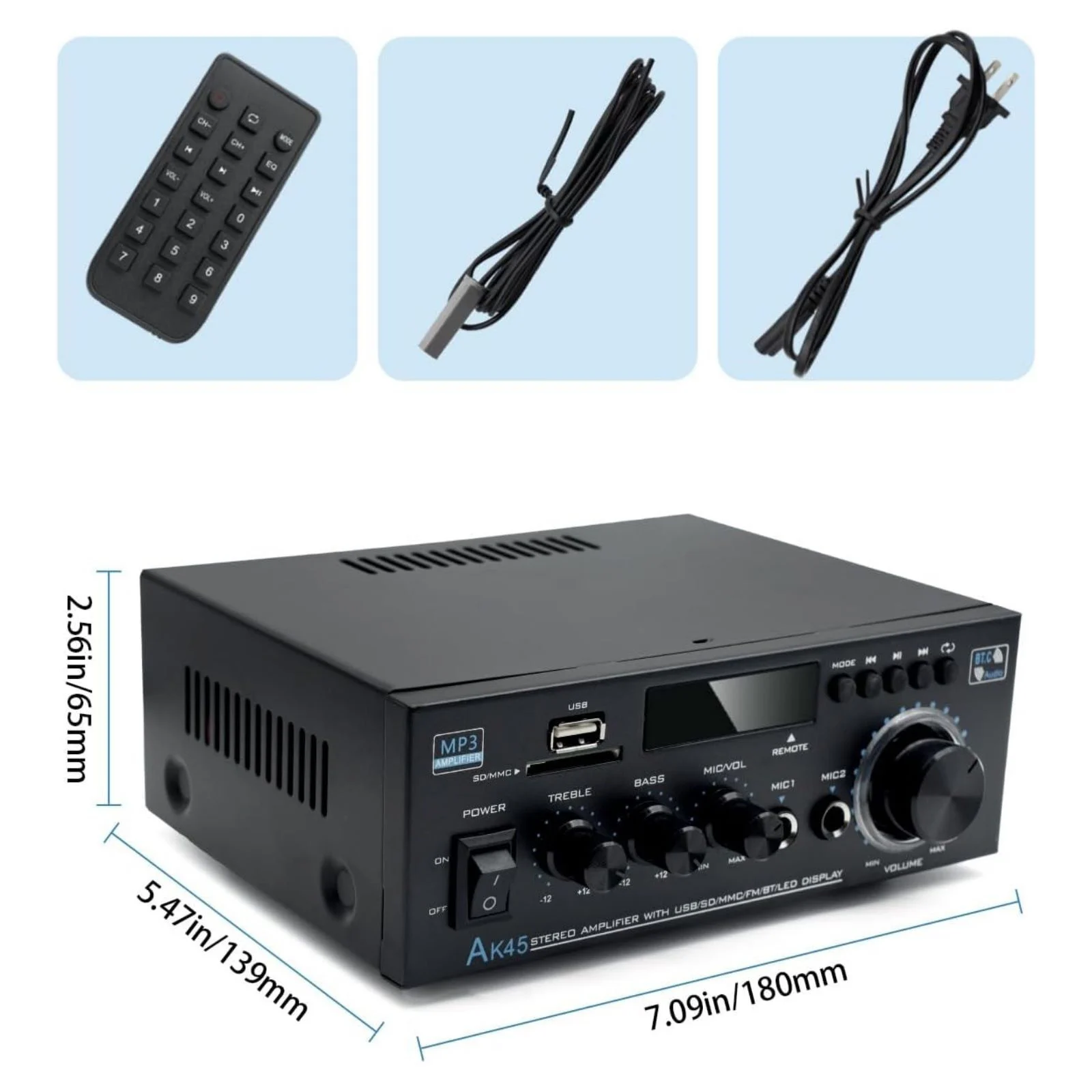 AK45 300W+300W HiFi Bluetooth 5.0 Stereo Amplifier 2.0 Channel Audio Amp USB SD FM Remote Control for Home Theater Car Speakers