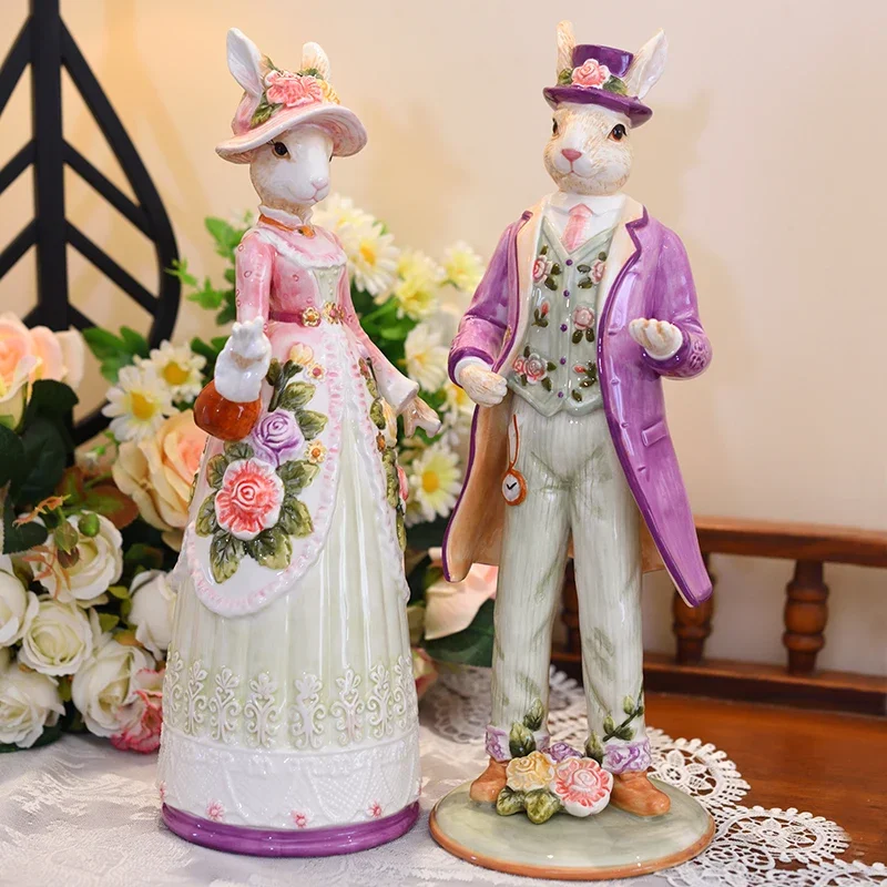 Luxury Ceramic Alice Rabbit Decorative Figurine, Hand-Painted Rabbit Couple Statues Oranment Home Decor Easter Bunny Gifts