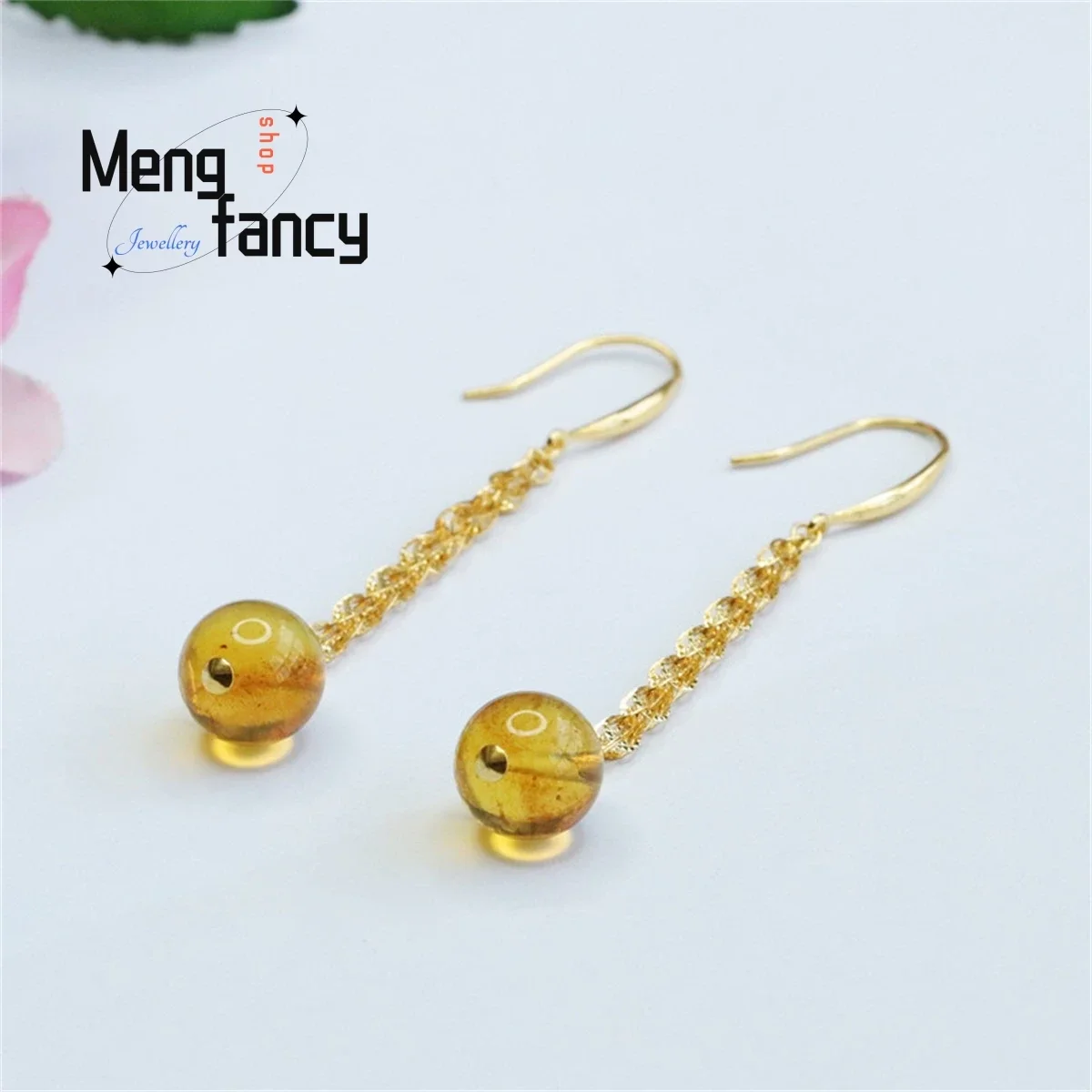 

Natural S925 Silver Inlaid Chicken Pearl Hook Amber Gold Phoenix Tail Round Bead Earring Generous Personality Fashion Jewelry