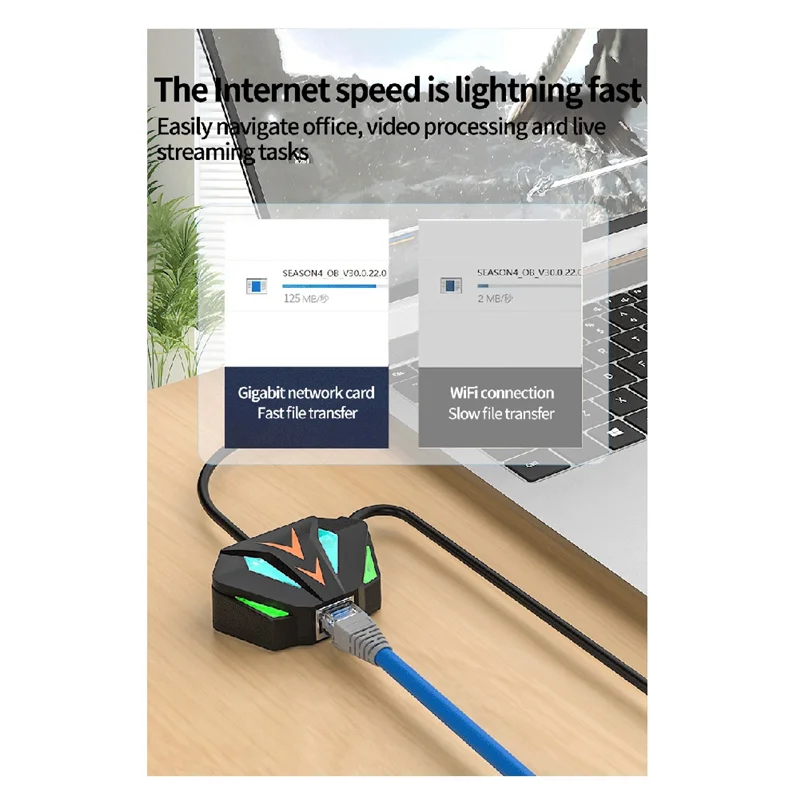 Adapter sieciowy A14E-USB na RJ45 Ethernet 10/100/1000Mbps z efektem oświetlenia RGB do komputera PC i laptopa