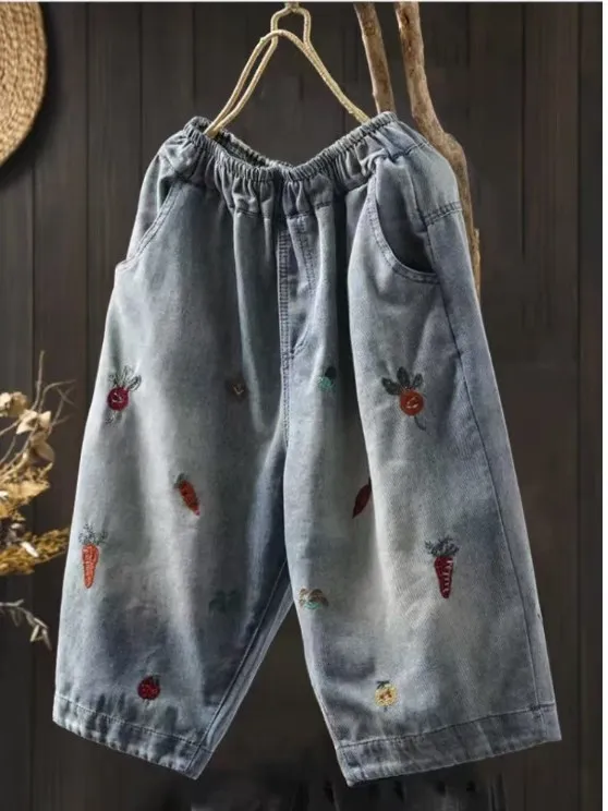 Afslankeffect Losse casual elastische taille orts Geborduurd denim Lichtblauw Dames Zomer Dunne rechte pijpen Hoge taille Si...