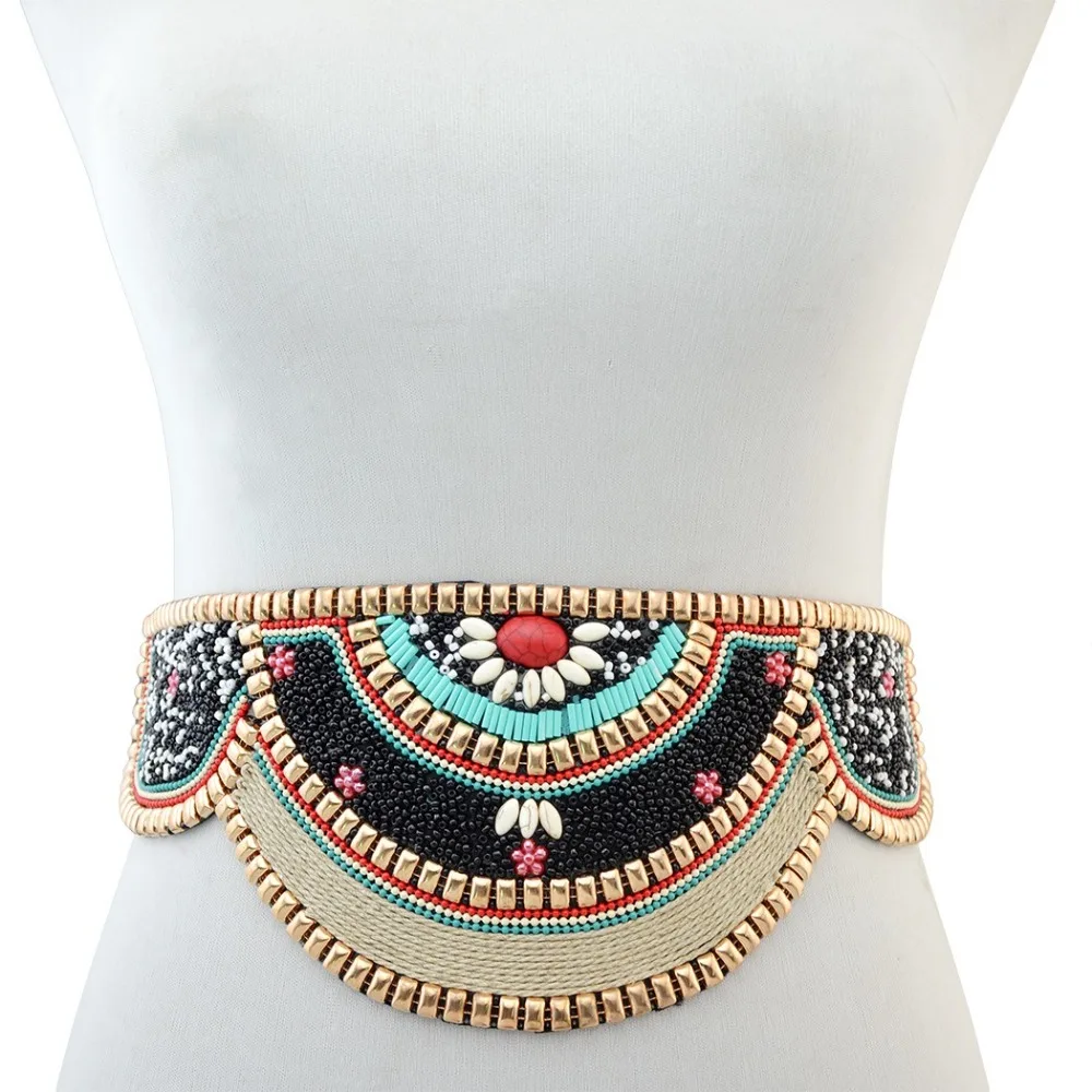 Adjustable Bohemian Women Belt Shining Stretch Elastic Waistband Bohemian Ethnic Beaded Waistband Body Jewelry for Holiday