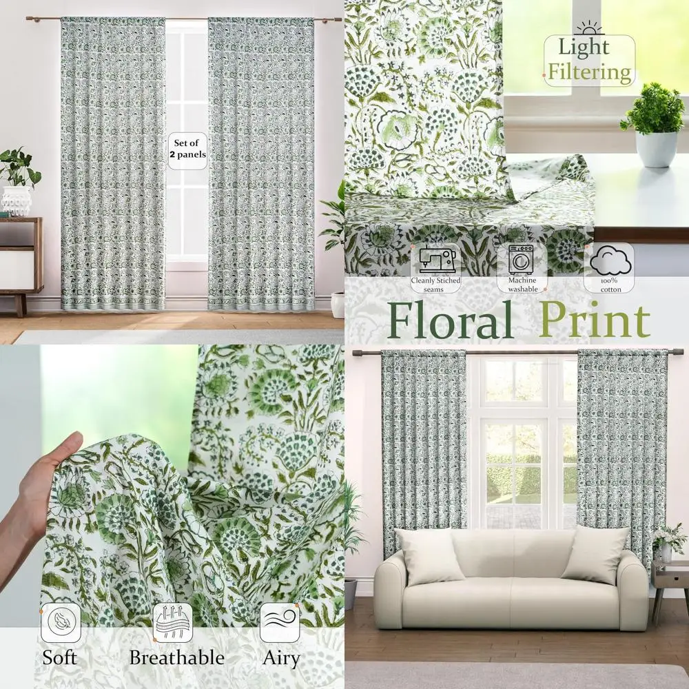 

100% Cotton Block Print Curtains, 52x84 Farmhouse Style, Semi-Sheer Floral for Kitchen & Cottage, Set of 2