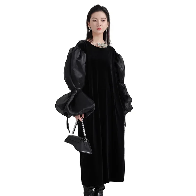 

Korean Design Organza Oversized Bubble Sleeve Dress 2024 Autumn Loose Black Velvet Dress