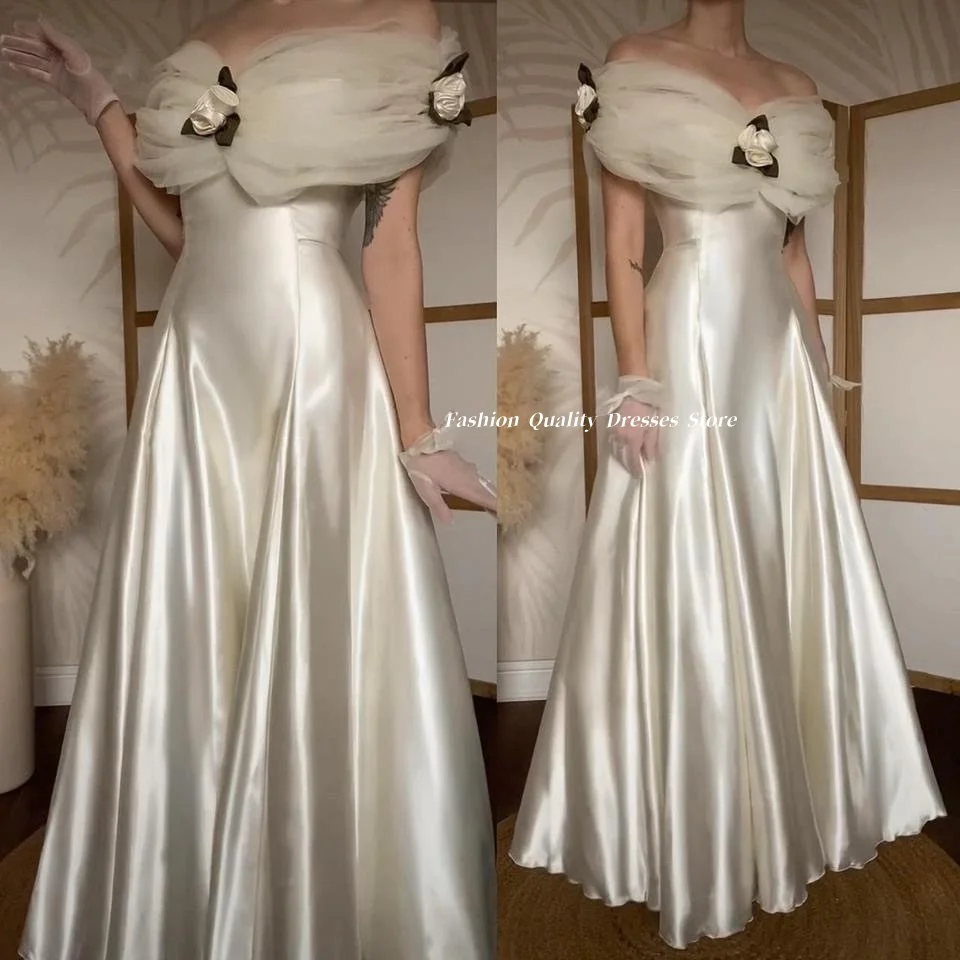 Wedding Dresses Vintage Ivory Satin A Line Gown Off Shoulder Sheer Tulle Neck Handmade Flower Bridal Wedding Dress Customized