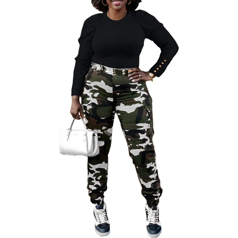 Women Cargo Pant Long Pants Slim Fit Sexy Print Camouflage Tight Waist Sheath Casual Regular Pockets Splice Trousers Summer