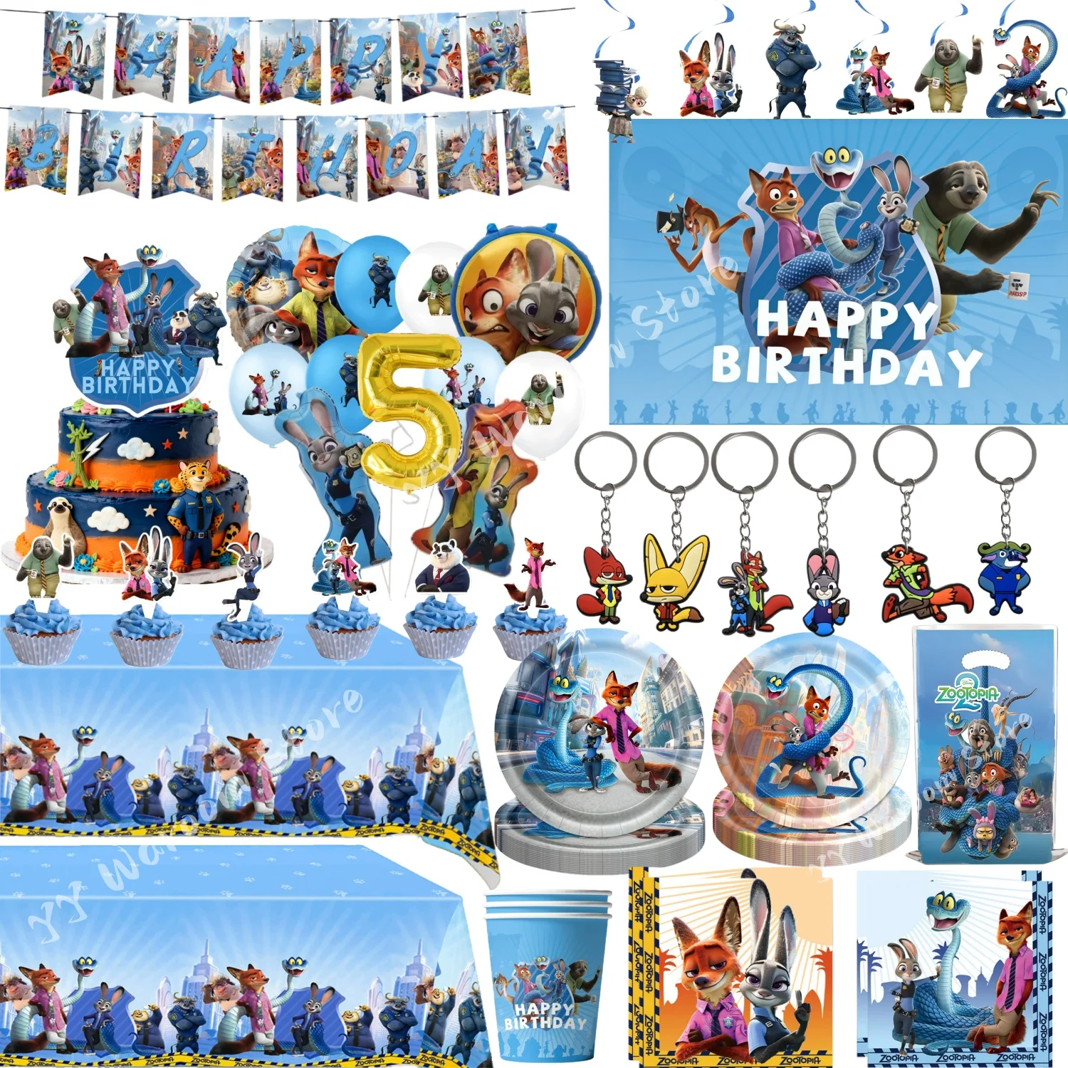 Autocollants Zootopia décoration d'anniversaire vaisselle jetable Zootropolis nappe tasse assiette sac porte-clés bébé douche faveur de fête