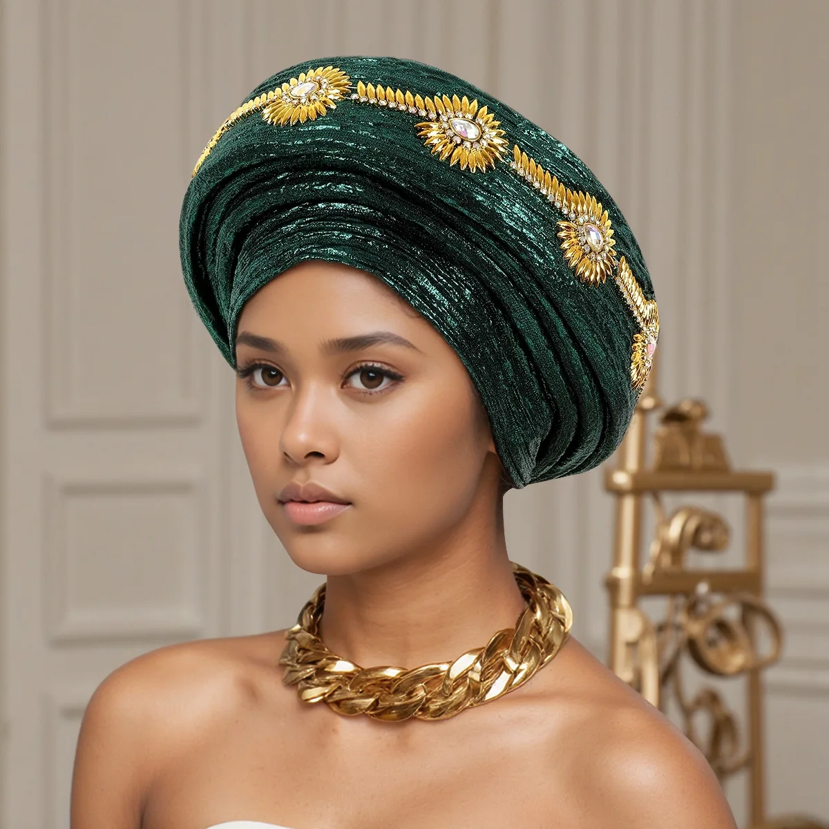 

New African Headtie Turban Nigeria Head Ties Glitter Diamonds Already Made Auto Gele Women Head Wraps for Wedding Party Cap Hat