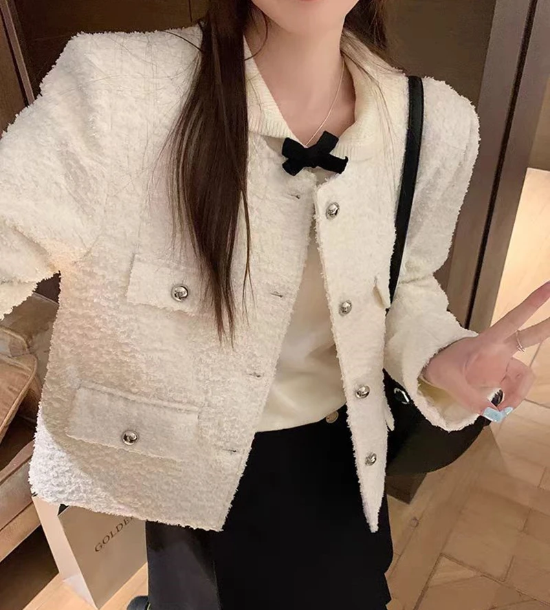 Blue Tweed Jacket Women 2024 Spring Autumn New High Quality Luxury White Tweed Jacket Elegant Long Sleeve Korean Cropped Jacket