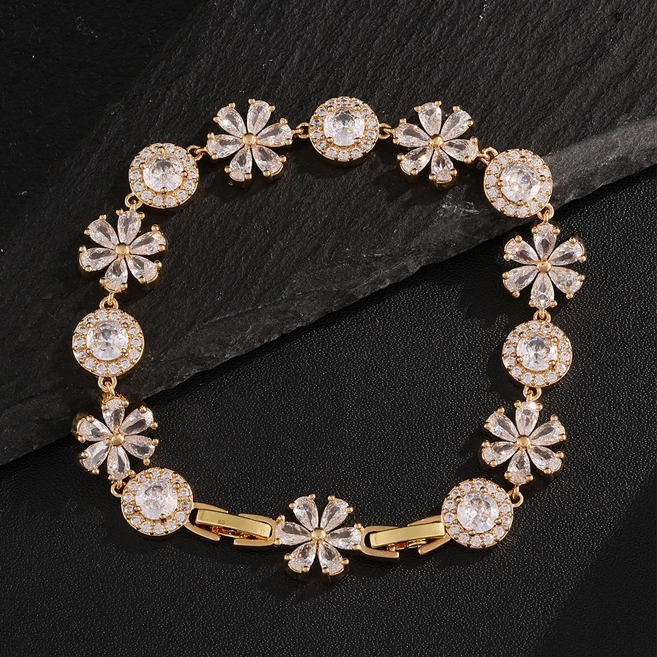 ZAKOL Elegant Daisy Flower & Circle Cubic Zirconia Bracelets Buling Crystal CZ Flowers CZ Bracelet Wedding Jewelry