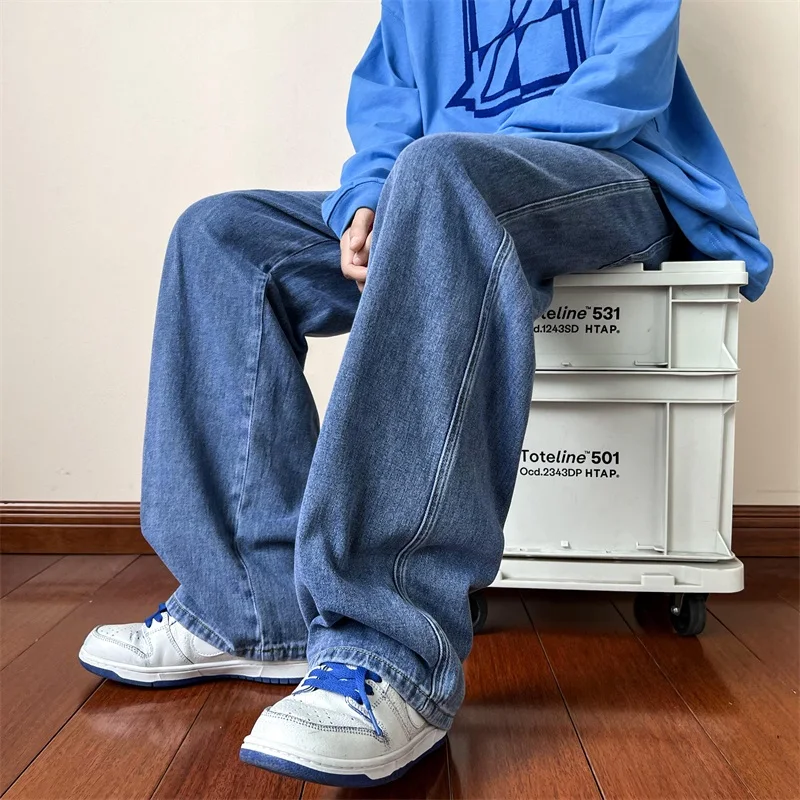 

New Korean Fashion Men's Baggy Jeans High Street Man Straight Denim Wide-leg Pants Hip Hop Bagy Light Blue Grey Black