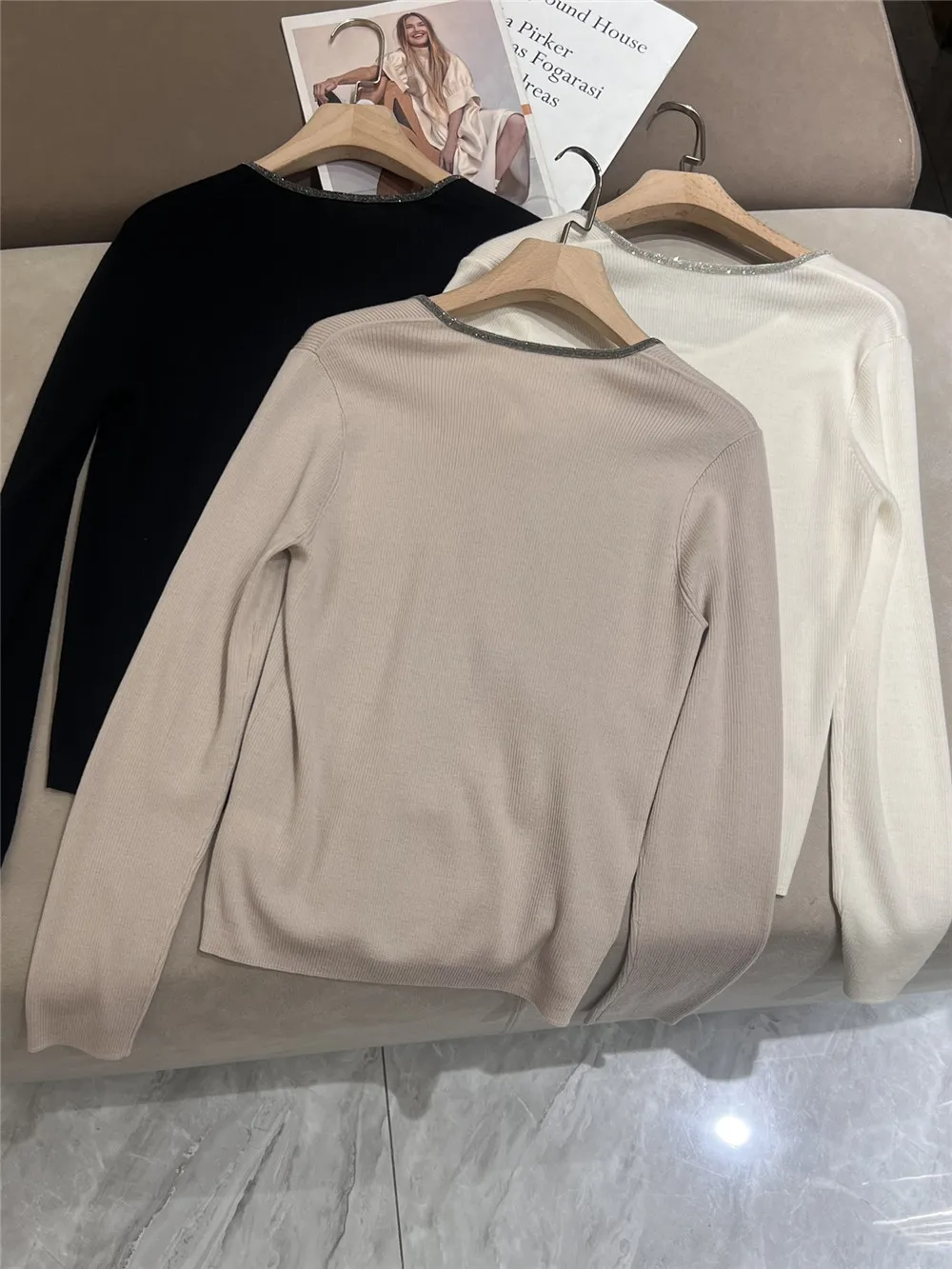 Pull tricoté à col en U perlé pour femme, pull en laine à manches longues, haut de la présidence