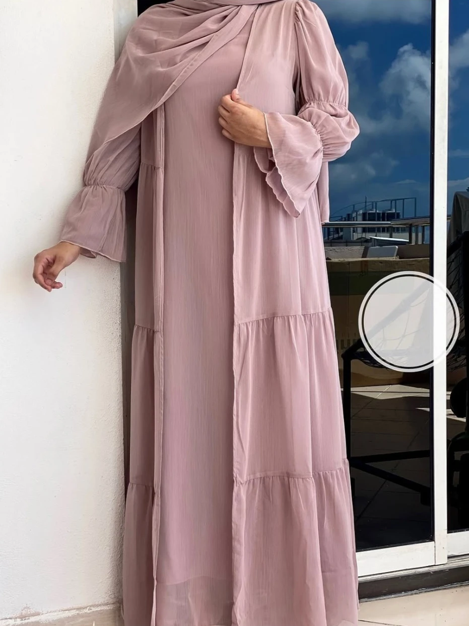 Women Abaya Dress 2 Piece Set Muslim Abayas Chiffon Jalabiya Hijab Lace Up Ramadan Morocco Dubai Kaftan Vestidos Long Robe Suit