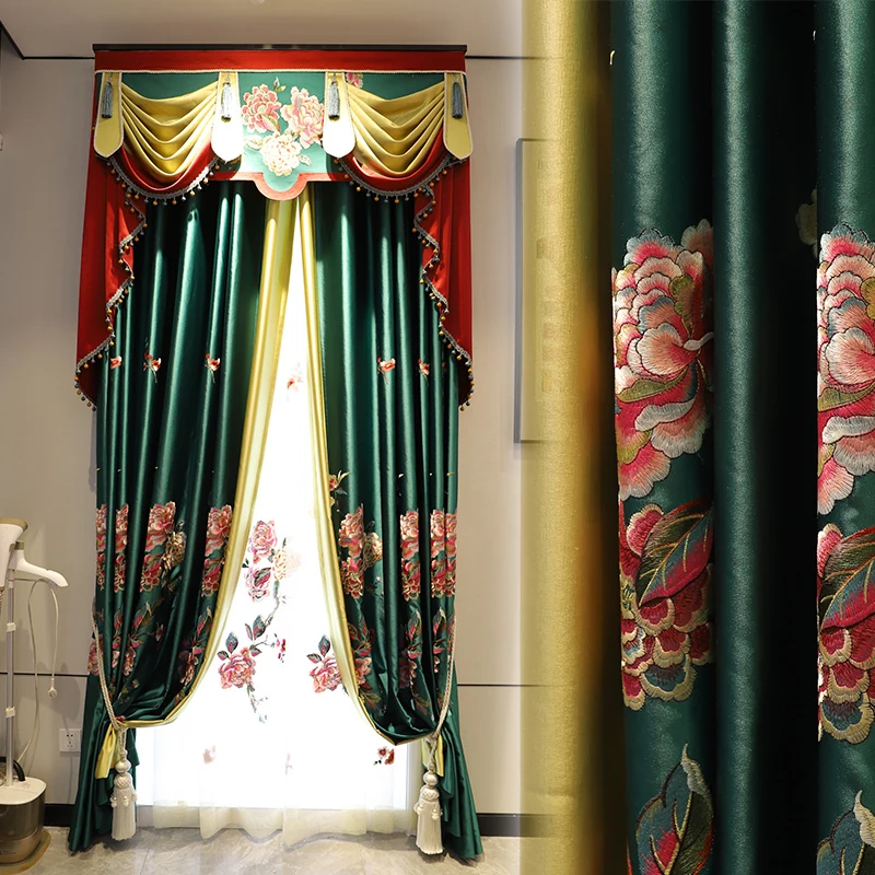 

Custom curtain embroidered high-precision satin high-end classical room green cloth blackout curtain tulle valance drape C1052