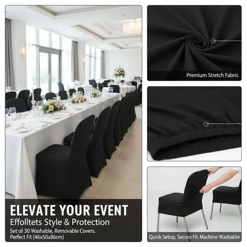 

30 Pcs Black Chair Covers, Polyester Spandex Chair Cover, Stretch Slipcovers for Wedding Party Dining Banquet Flat-Front Chair Covers, Fits Chair Measures up to 18.11 x 19.69 x 33.86 inch