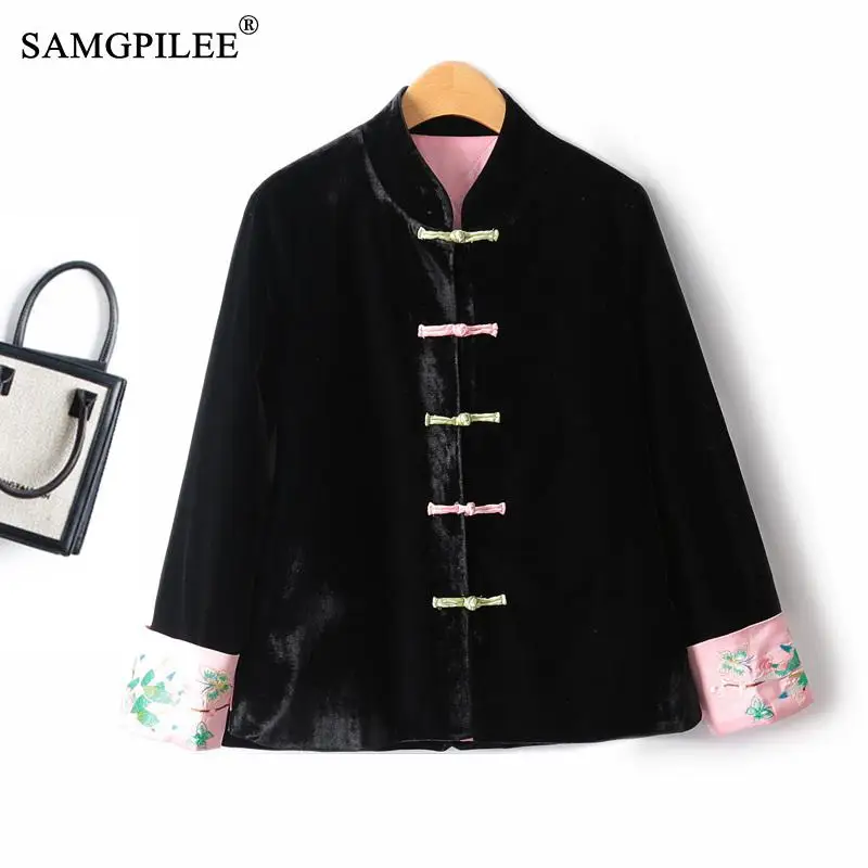 

Fashion Cotton Coat For Women Contrasting Color Stitching Velvet Cuffs Embroidered Disc Buttons Chinese Style Quilted Jackets