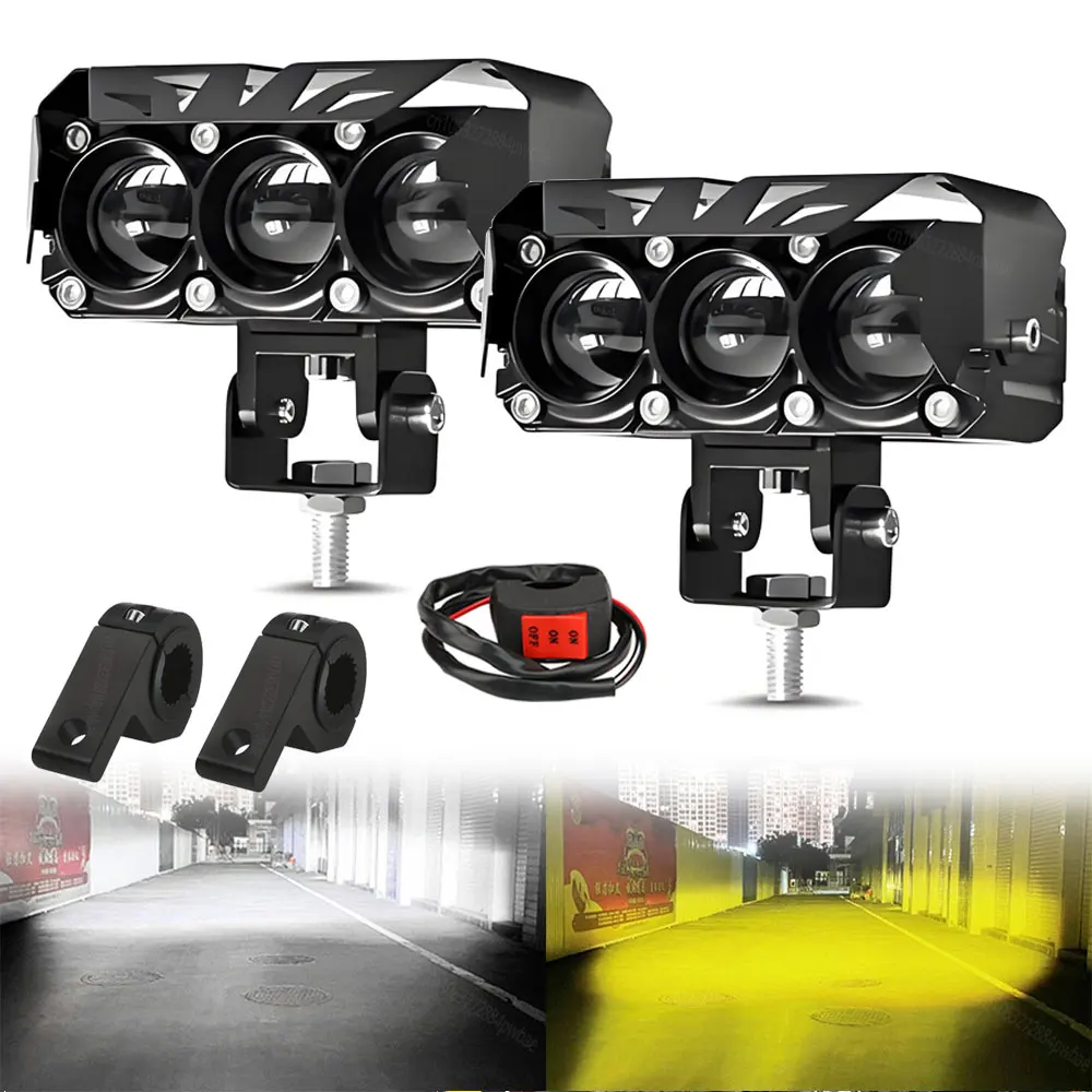 3 Lens Super Bright Dual Color LED Spotlights 200W Moto Fog Lamp Headlight Accessory For Motorcycle Truck Car SUV ATV 30000LM