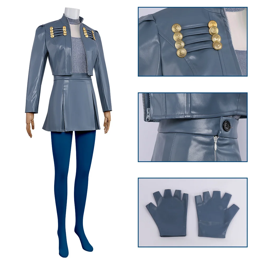 Chloe Charming Cosplay Costume Blue Gray Cropped Stand Collar Jacket Pleated Leather Mini Skirt Solid Tights Halloween Disguise
