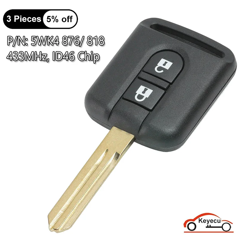 

KEYECU 2 Buttons 433MHz ID46 Chip for Nissan Elgrand X-TRAIL Qashqai Navara Micra Note NV200 Auto Remote Key Fob 5WK4 876 / 818