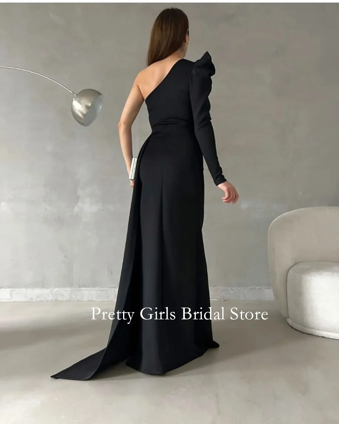 OEING Arabic Style Vintage Satin One-Shoulder Crepe Satin Evening Dresses Black Slit Pearls Formal Prom Growns Party Women Bride