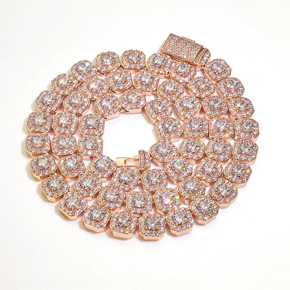 Hip Hop Accessory Rock Style 10mm/12mm Wide Rock Sugar Necklace Rose Gold-Plated Cluster Tennis Chain Unisex
