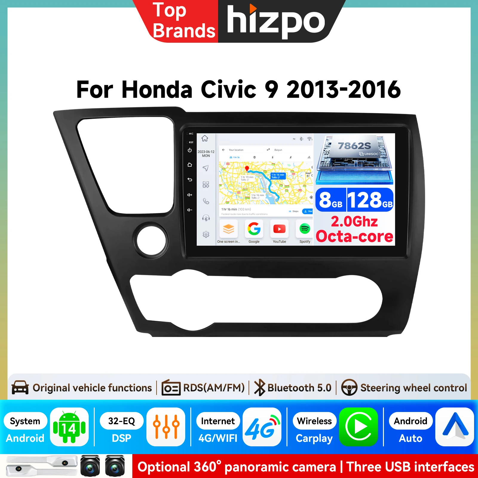 Autoradio pour Honda Civic Hatchback 2013-2016, Carplay, Android Auto, système intelligent automobile, navigation multimédia, unité principale