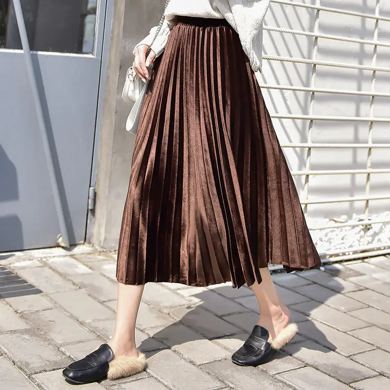 Women High Waist Velvet Pleated Skirt Women's Student Style Mid-Length Slimming Long Skirt Spring Autumn  Female Outwear