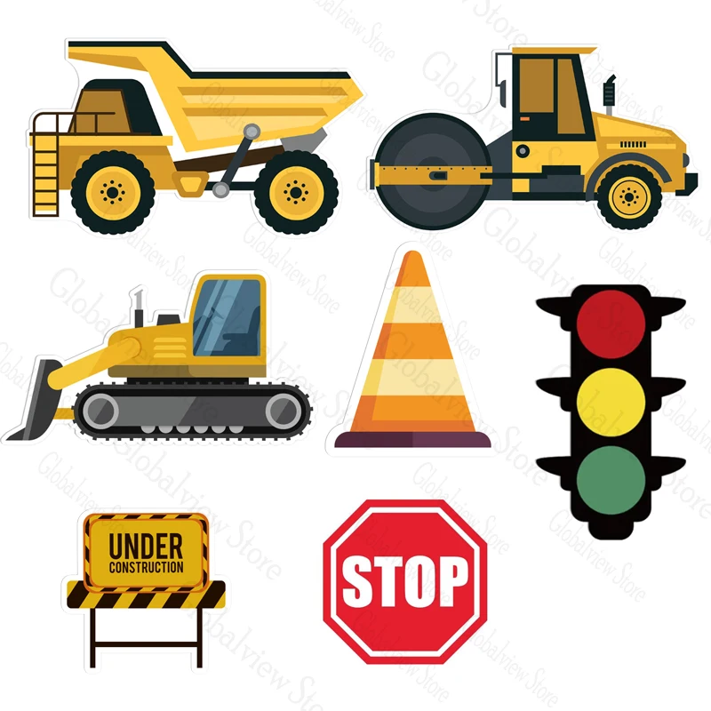 Decoración de fiesta de construcción, excavadora, Bulldozer, recortes de rodillos de carretera, tablero de espuma, decoración de fondo para fiesta de cumpleaños de niño