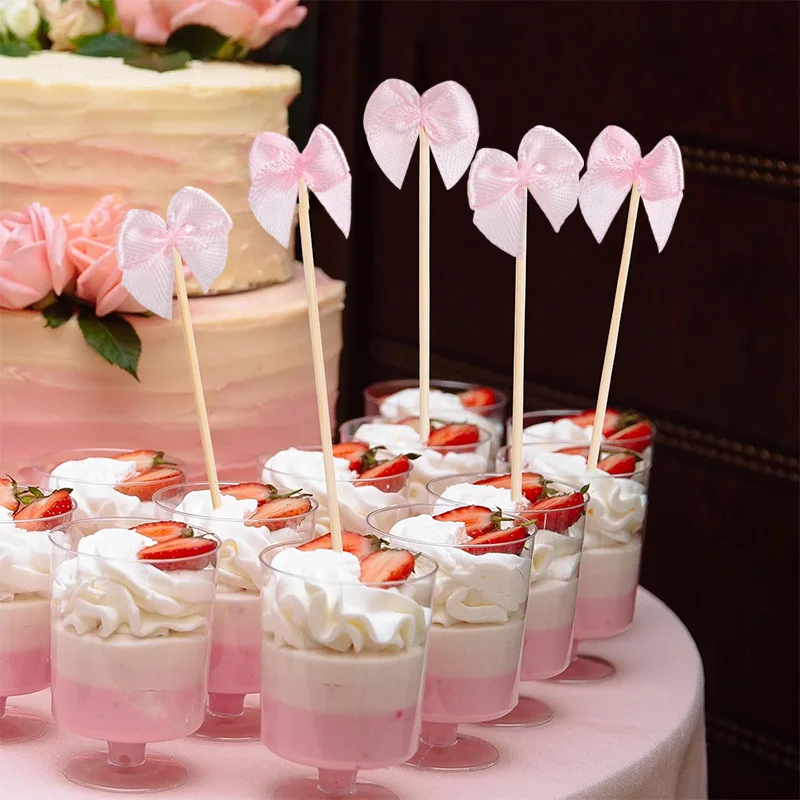 100 Stück Rosa Schleifenband Bambus-Cocktailspieße für Vorspeisen, Zahnstocher für Obst, Getränke, Desserts, Hochzeit, Geburtstag, Großpackung