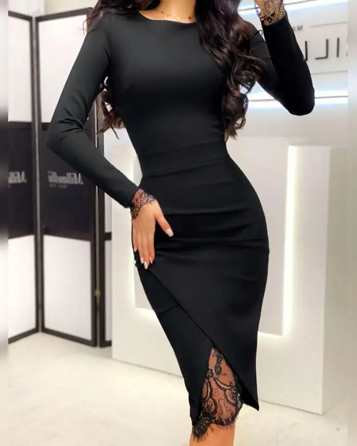 

Women Sexy Dresses New Style Female Fashion Contrast Lace Long Sleeve Side Slit Bodycon Dress Women's Casual Slim Midi Dress