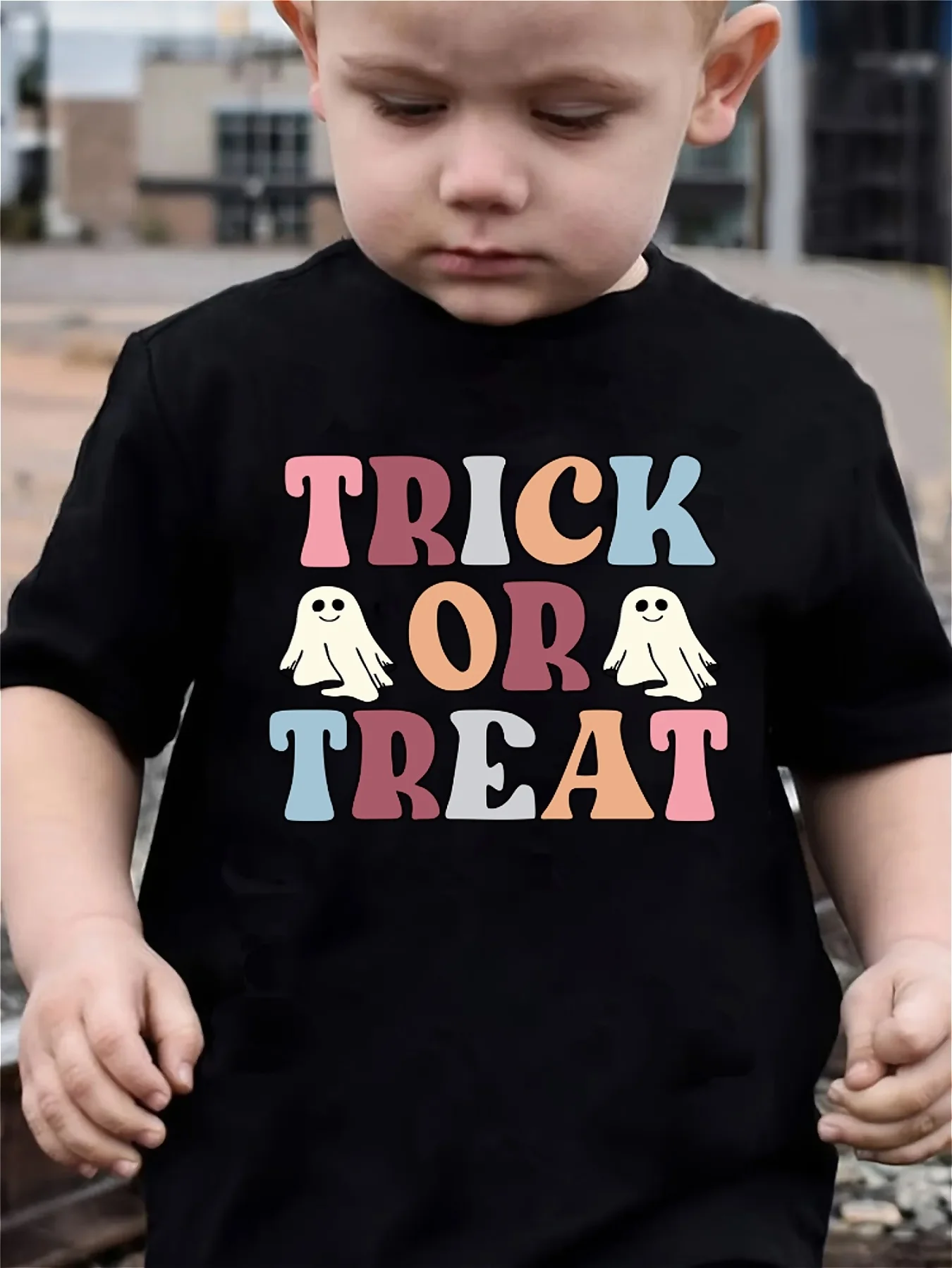 Halloween boys' T-shirt trick or treat letter print little ghost pattern print trendy casual round neck short sleeved top