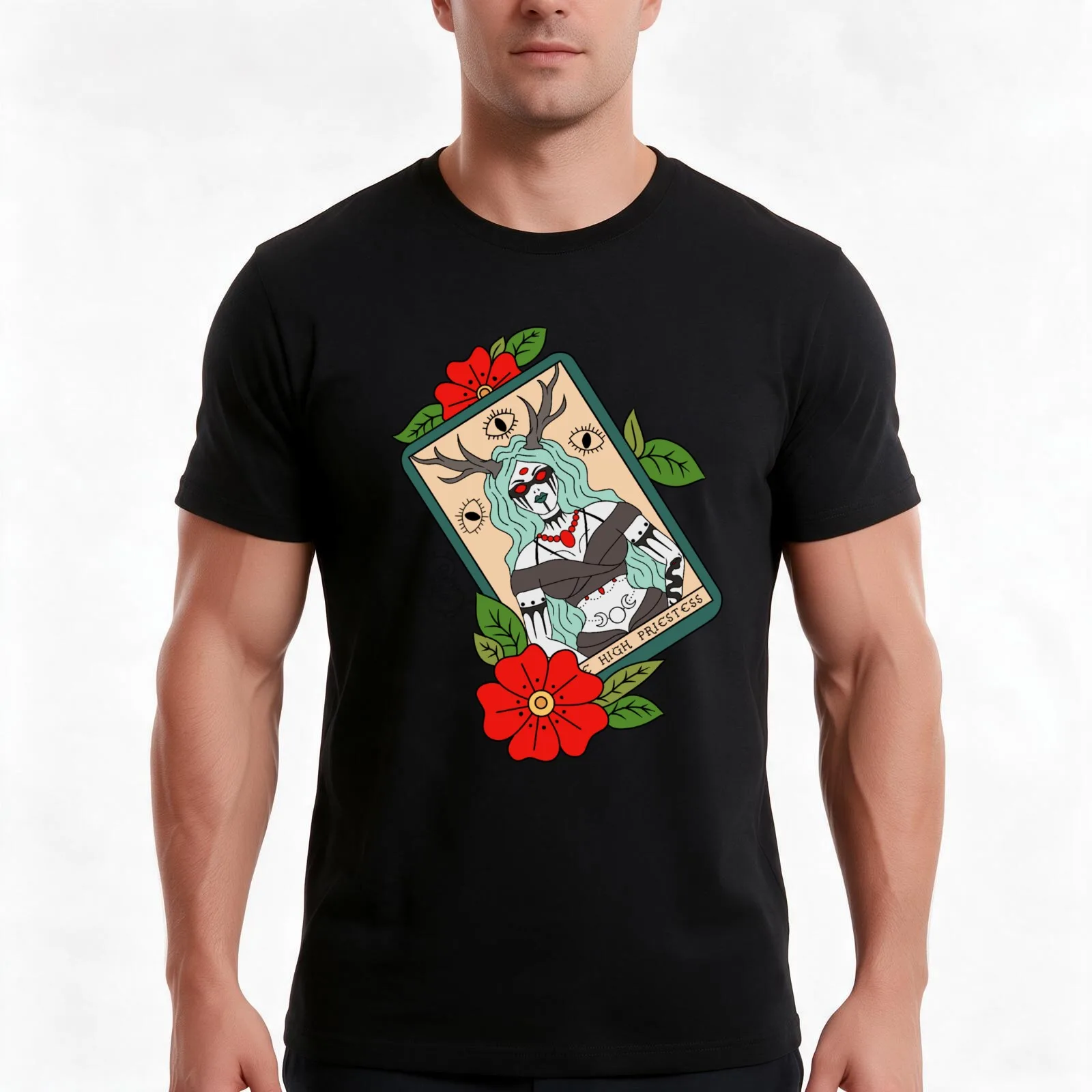 High priestess tarot card floral tattoo T-Shirt Summer Casual Cotton Tee Oversized Streetwear Tops Vintage Graphic Print