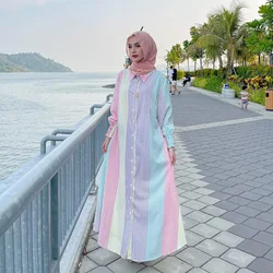 Women Eid Muslim Dresses Striped Single Breasted Dubai Arab Kaftan Islam Blouses Dress Ramadan Morocco Vestidos Loose Casual