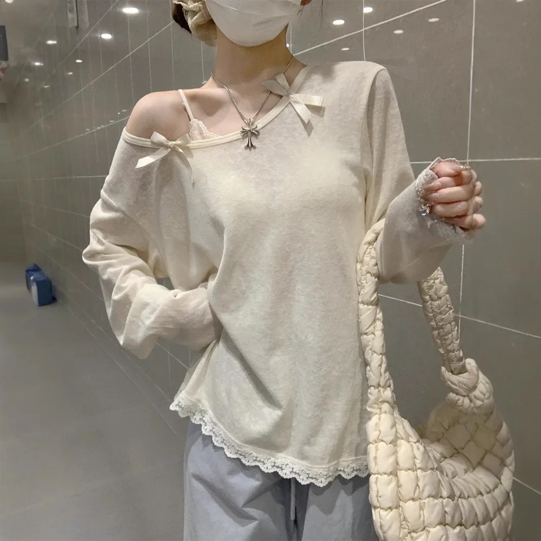 

Женская легкая дышащая футболка с защитой от УФ-лучей, с бантом, открытыми плечами, длинными рукавами, прозрачная, летняя, пляжная накидка, повседневная тонкая солнцезащитная рубашка