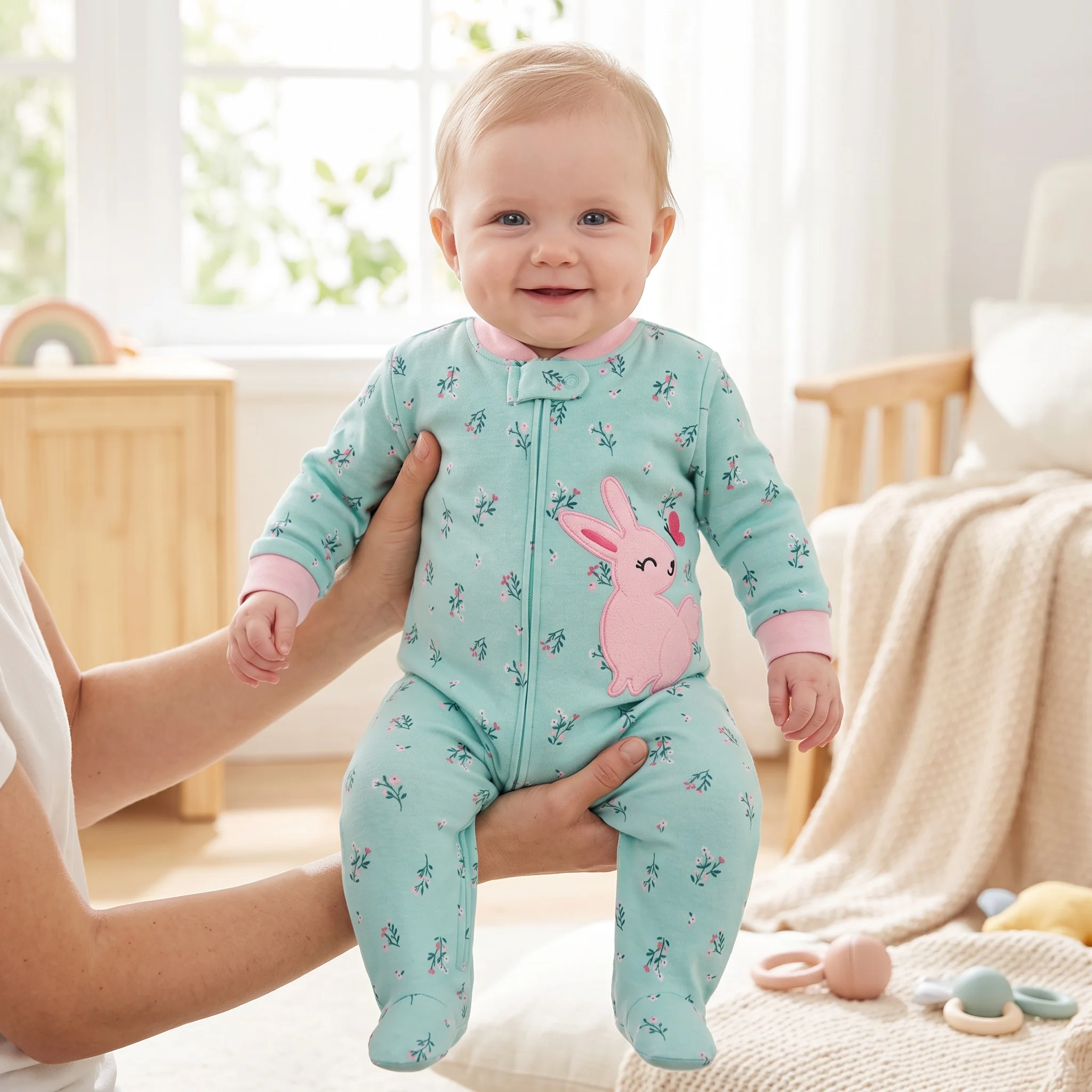 Infant Girls Double-Sided Cotton Footed Romper Cute Cartoon Embroidery All-over Print Zipper Onesie All Seasons Baby Clothes