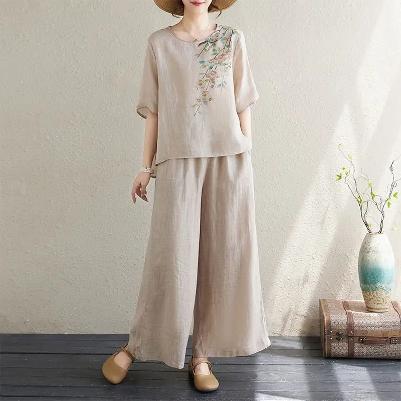 

Cotton Linen Print Summer Two Piece Set Women Crewneck Short Sleeve Lightweight Wide Leg Pants Slimming Top And Pants Outfit