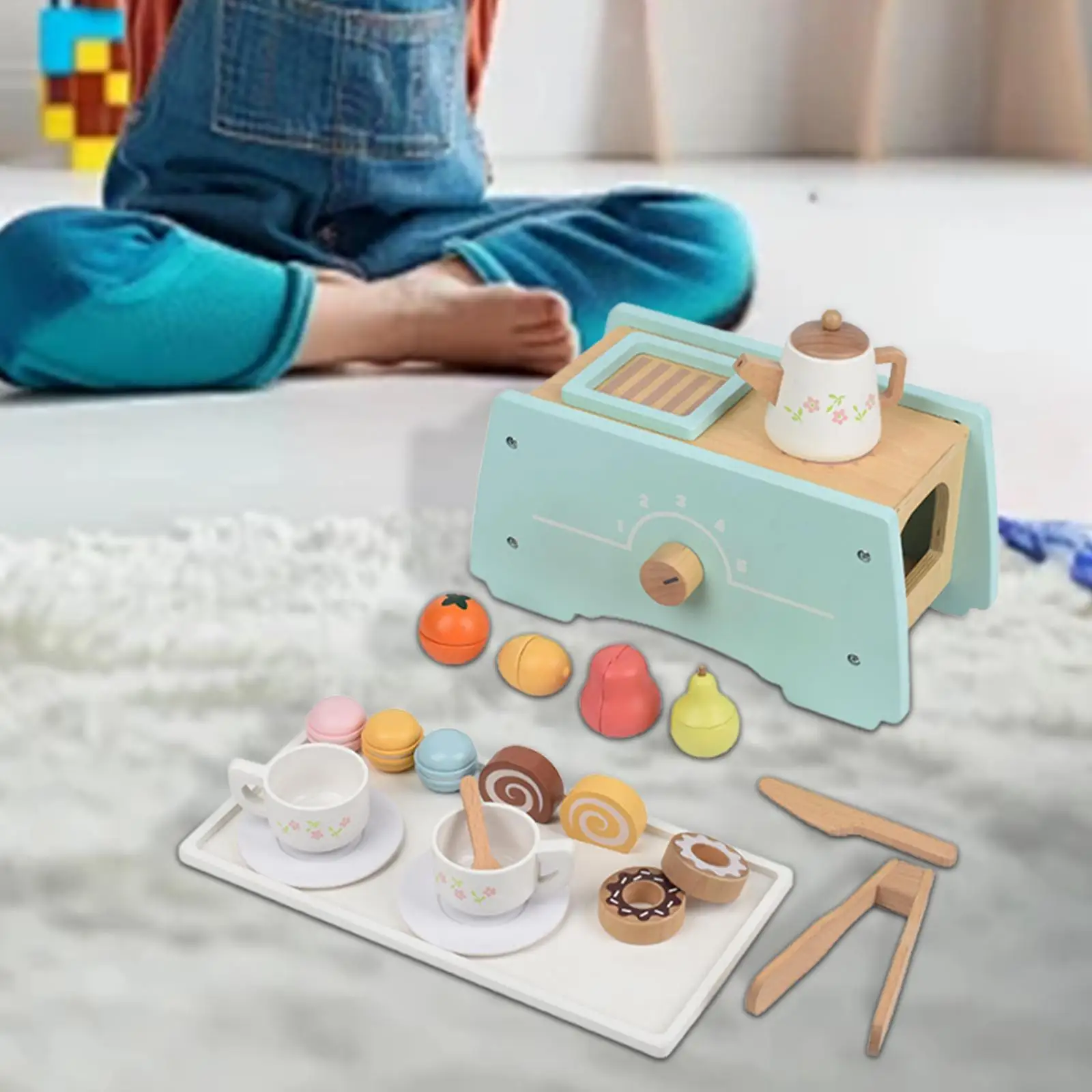 

Wooden Tea Set Role Play Teapot Cups Tray Kitchen Pretend Play Toy Simulation Afternoon Tea Playset for Children Age 3 4 5 6